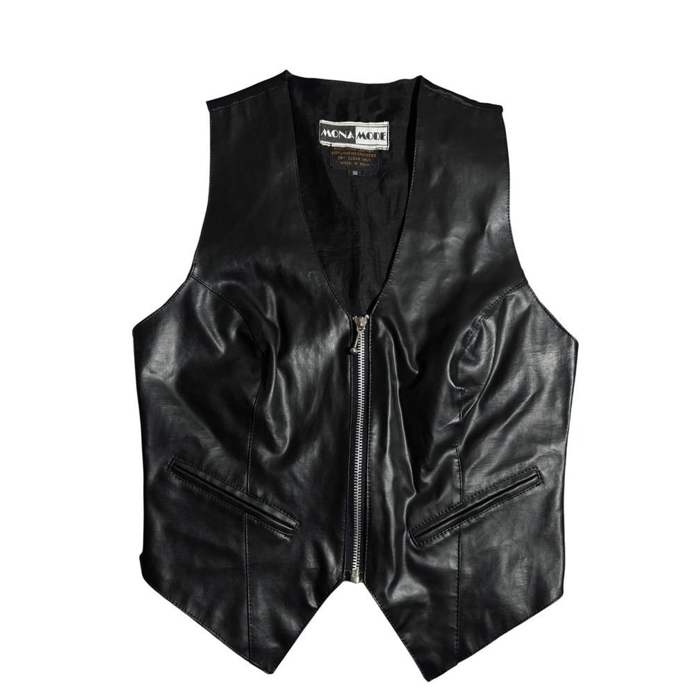 Mona Mode Womens S Black Leather Zip Front Vest Satin Back Cinch Whimsigoth Moto